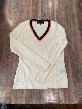 rag & bone Vintage Cream V-Neck Tennis Sweater with Navy and Coral Trim